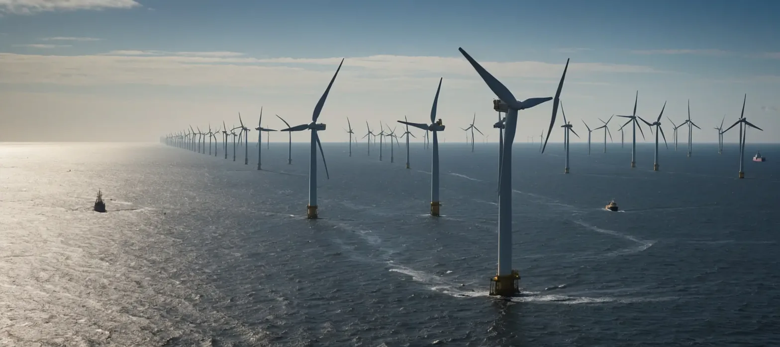 an image of multiple off shore wind turbines for a blog about 5 benefits of renewables
