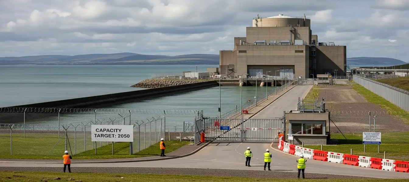 nuclear energy being created by nuclear reactors in a field with solar panels