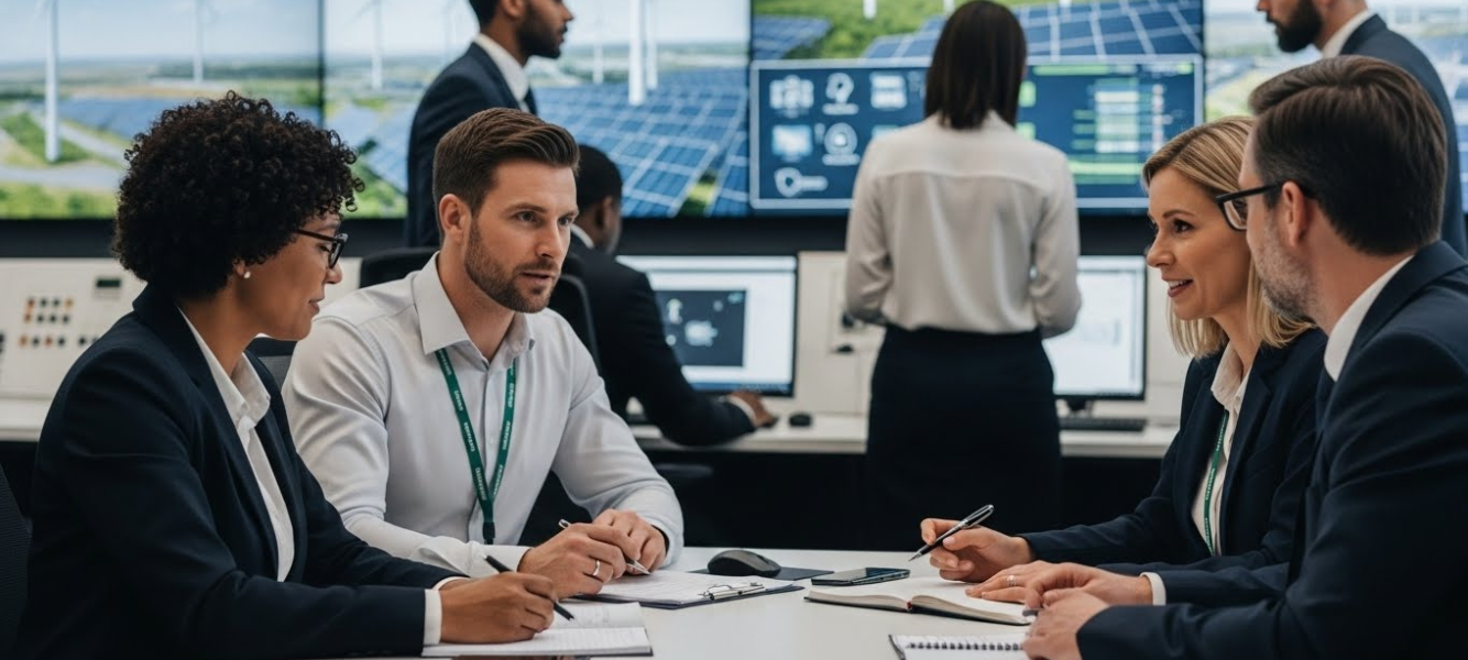 A modern UK power station control room with large digital screens showing turbines, solar panels and wind farms on a dashboard, unfair dismissal