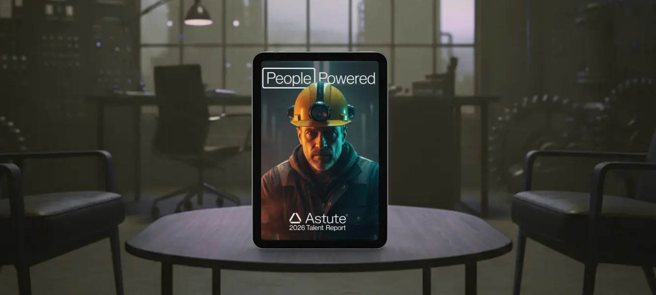 Energy Talent Report featuring a worker on a magazine cover, set in a cinematic power station office. Caption